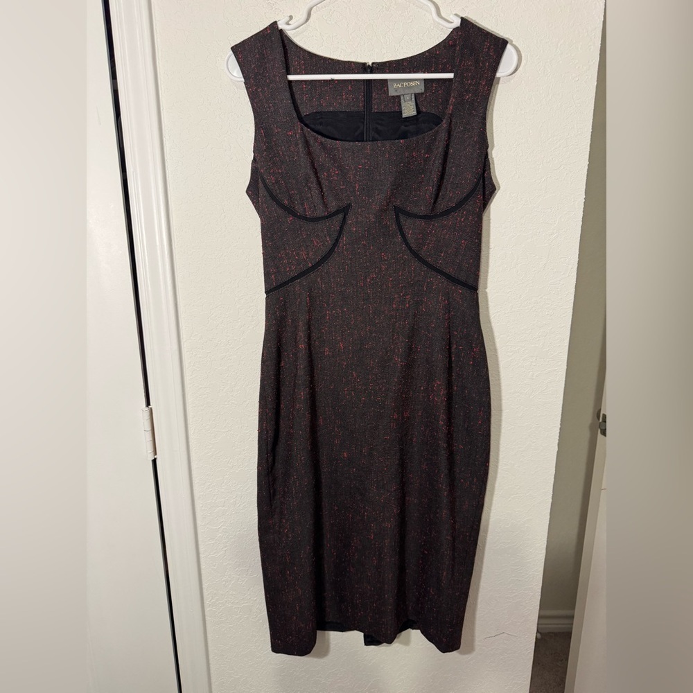 Zac Posen Wool Blend Sheath Dress Womens 8 Black Red Fleck Square Neck Silk